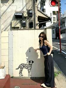 性感設計細肩帶女款修身顯身材條紋拼接短版 2 合 1 上衣 夏季服飾 - 藏青色 - 查看 4