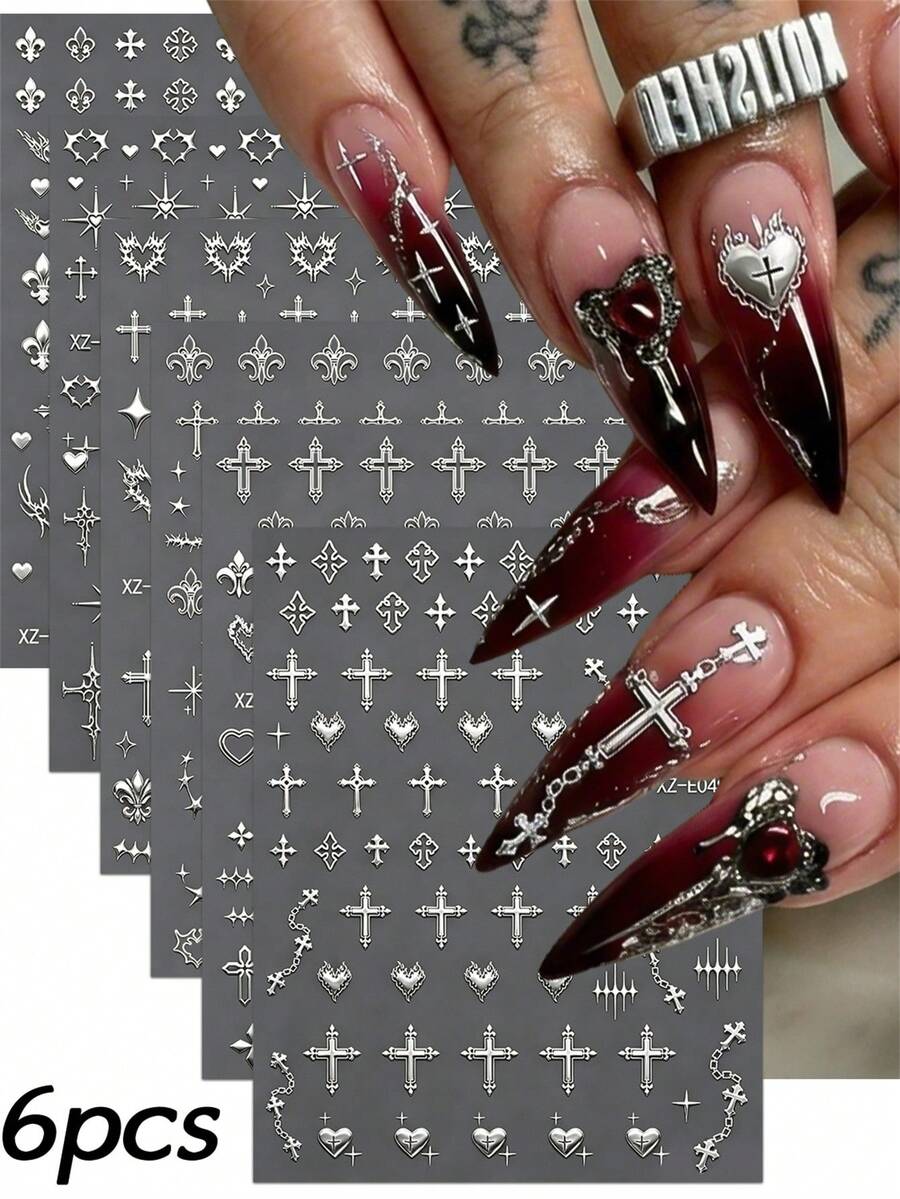 6Pcs/Set 3D Metallic Silvery Cross Nail Art Stickers Punk Gothic Cross/Heart Nail Decal Self-Adhesive Silery Cross Manicure Slider