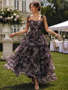Perirose Women's Purple Romantic Cottagecore Floral Print Tie Spaghetti Strap Multi Layered Tiered Ruffle Maxi Dress Summer Fall Wedding Guest Vacation Party - Black - View 5