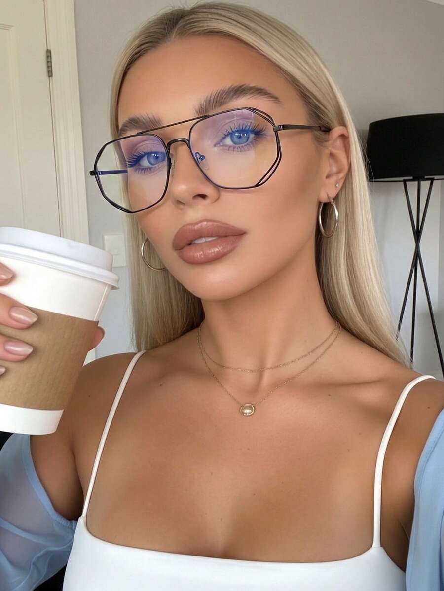 1PC Women's Metal Plus Size Aviator Vintage Double Bridge Multi-Color Fashion, Y2K Personalized Street Daily Commute Casual Decorative Plano Glasses, Computer Glasses, Suitable For Reading, Work, Back To School, Street Photography, Computer Use, Etc. - Black - View 1