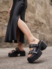 Womens Platform Sandals Round Open Toe Chunky Heel Goth Slipper Metallic Buckles Slip On Home Beach Outdoor Casual Walking Summer Sandals For Women - 黑色 - 查看 4