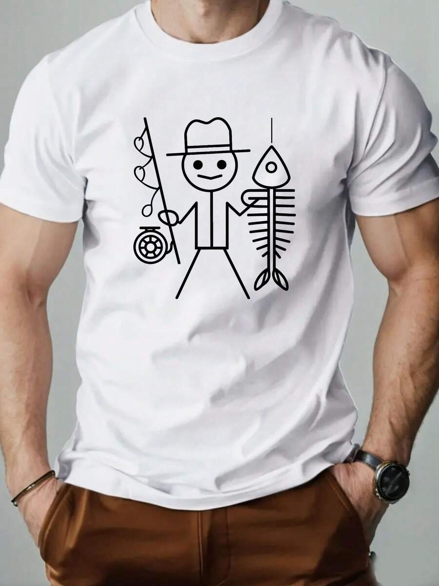 Men's Short-Sleeved Casual Summer T-Shirt With A Stickman Holding A Fishing Rod Pattern T Shirt - 白色 - 查看 1
