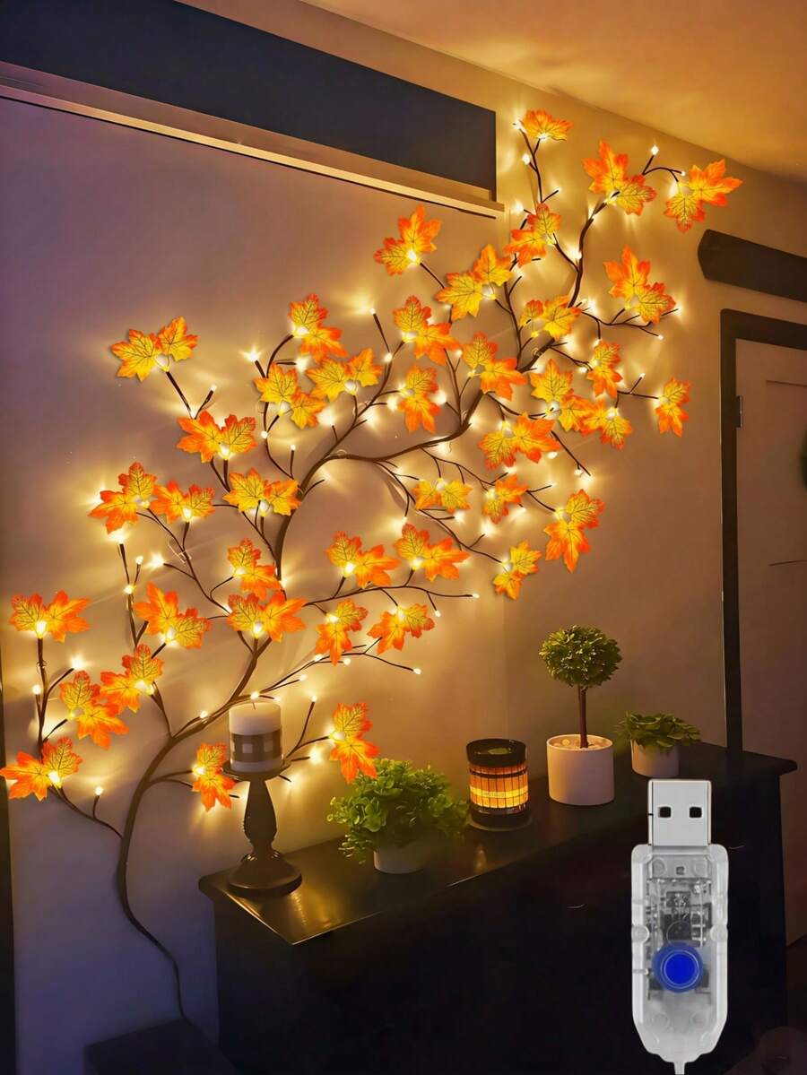 1pc 96 LED Maple Vine Fairy Lights, USB Powered, 8 Lighting Modes, Flexible Maple Leaf String Lights, Autumn Indoor Decoration, Suitable For Living Room And Bedroom, Halloween Party Atmosphere Light