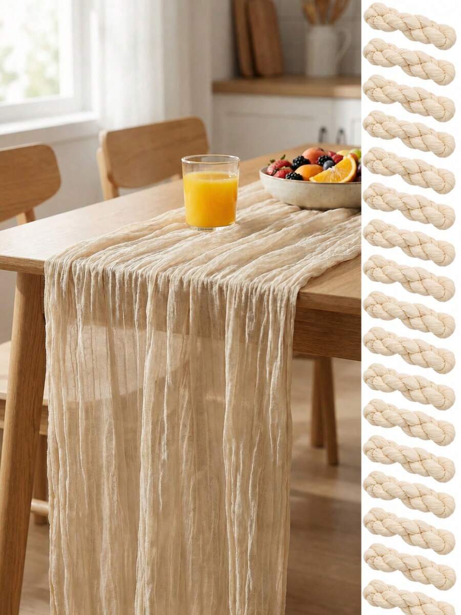 1pc/6pcs 35*71/118/157 Inches Beige Cheese Cloth Table Runner And Napkins, Rustic Transparent Table Runner With Wave Edges. Suitable For Wedding Decoration Arch, Garden Arch, Bridal Shower, Wedding, Festival, Valentine's Day, Holiday, Birthday Party - Beige - View 1