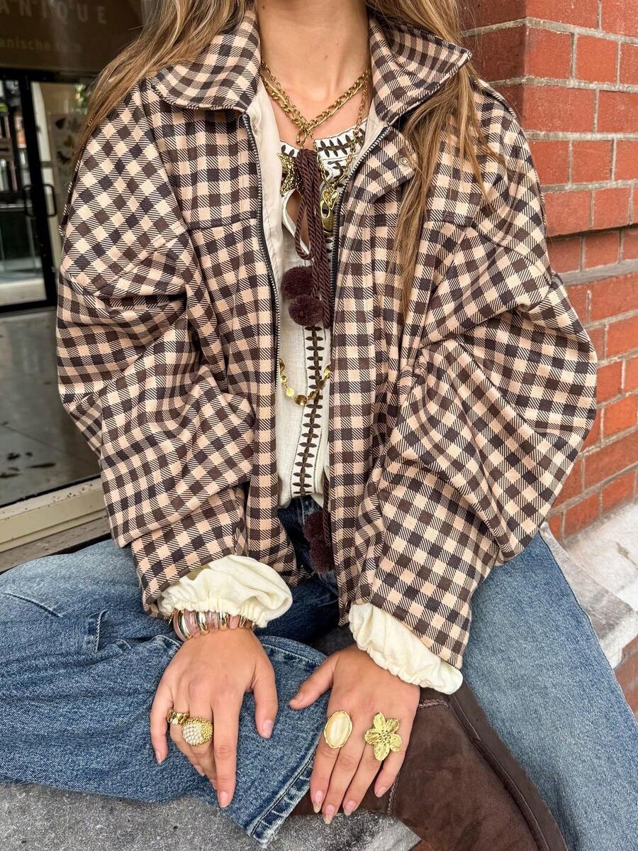 Brown Plaid Woven Women's Zipper Front Jacket - Multicolor - View 1