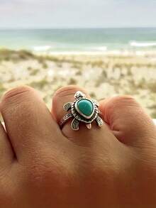 1 PC Retro Turtle Ring With Teardrop Shaped Rhinestone Bohemian Style Ring Suitable For Daily Wear - Mint Blue - View 4