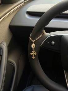 Vintage Rhinestone Virgin Mary Cross Car Hanging Ornament, Luxury Gold Chain Rearview Mirror Pendant, Unique Niche Car Interior Decor - A - View 8