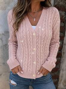 ChicMe Cardigan Rajut Kabel Berpayet Wanita, Leher V, Kancing Depan, Lengan Panjang, Sweater Modis, Pakaian Luar - Berwarna merah muda - View 7