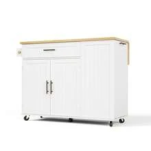 Mobile Kitchen Island With Folding Worktop, Trolley, Storage Cabinet, Bin Cabinet, Shelf Above The Door, Lockable Casters, 130 * 45 (70) * 93 Cm. - White + Wood Tone - View 9