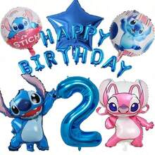 Hasbro Lilo & Stitch & Angel 主題生日氣球套組，包含數字鋁箔氣球、Stitch 與 Angel 造型鋁箔氣球、「HAPPY BIRTHDAY」字母氣球、星星氣球，藍色與粉色 CP 配色，營造可愛動畫氛圍 - 彩色 - 查看 12