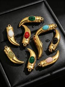 1Pc/3Pcs Gold Plated Stainless Steel Horn Pendant With Natural Stone, Vintage Boho Style, Tarnish Resistant For DIY Jewelry Making Findings - Pendants - View 2