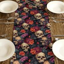 1 pièce Chemin de table style gothique avec motif de crâne et floral, style moderne, décoration de cuisine à la maison, fournitures de fête intérieur/extérieur, convient pour la décoration quotidienne de la cuisine à la maison et la décoration d'événements, décoration d'Halloween. - Multicolore - Voir 3