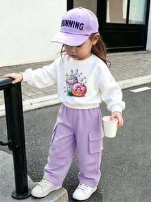 Baby Girl Cartoon Print Warm Crew Neck Sweatshirt And Cargo Pants - White - View 1