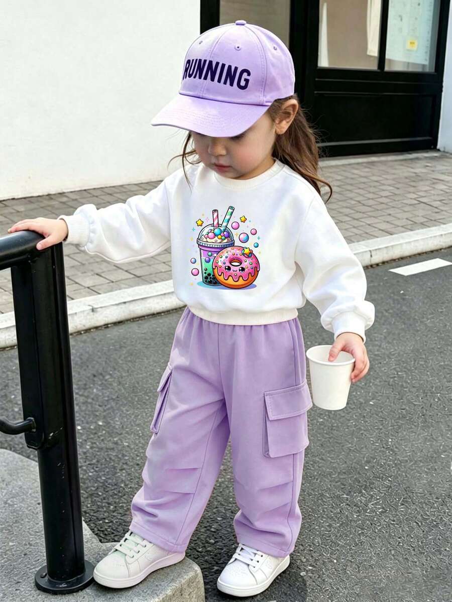 Baby Girl Cartoon Print Warm Crew Neck Sweatshirt And Cargo Pants - White - View 1