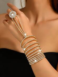 1pc Multi-Layer Crystal Adjustable Ring Bracelet Integrated Chain, Butterfly Shaped Rhinestone Hand Chain, Silver Color Women's Jewelry, Suitable For Bride Party/Ball/Beach Vacation - Multicolor - View 11