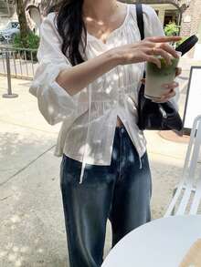 優雅V領前綁帶長袖提花女款上衣 白色 - 白色 - 查看 1