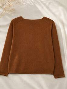 Suéter de cuello redondo verde para mujer, vintage fresco, casual para primavera, suéter de manga larga de poliéster acanalado de unicolor para primavera/otoño marrón - Marrón - Ver 8