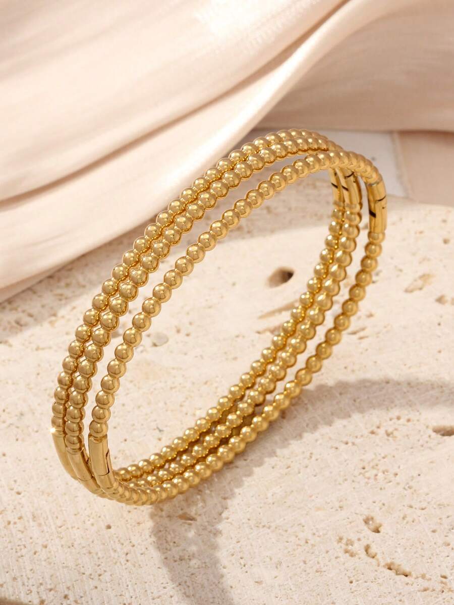 3 piezas de pulseras chapadas en oro de 18K con cuentas, diseño de cuentas redondas de 3mm de ancho, acero inoxidable 304 hipoalergénico que no se desvanece, brazaletes versátiles de estilo Ins para mujeres - gs3 - Ver 1