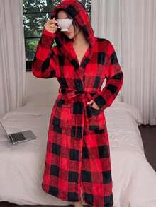 Autumn/Winter Fashion Red & Black Plaid Plush Women's Hooded Loungewear Robe - Red - View 4