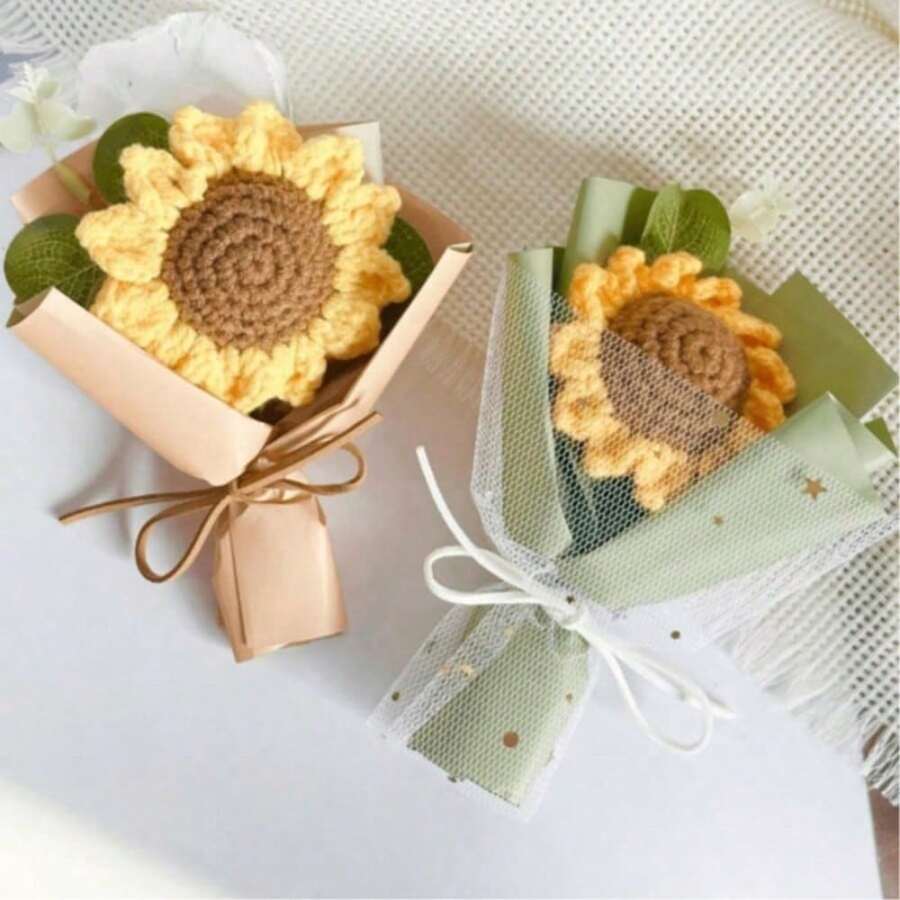 Handmade Crocheted Sunflower Mini Bouquet, Yarn Knitted Long-Lasting Without Wilting, Exquisite Kraft Paper Packaging, Suitable As Party Favor, Desk Decor, Gift Or Personal Use With Full Atmosphere - Multicolor - View 1