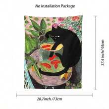 1pc Curious Cat Tapestry Wall Hanging, Cat & Goldfish Pattern, Tropical Plant Art, Dorm Bedroom Gift Tapestry, 95 X 73 Cm (Excluding Installation & Packaging) - Multicolor - View 6