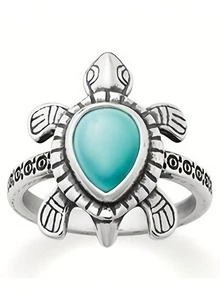 1 PC Retro Turtle Ring With Teardrop Shaped Rhinestone Bohemian Style Ring Suitable For Daily Wear - Mint Blue - View 2
