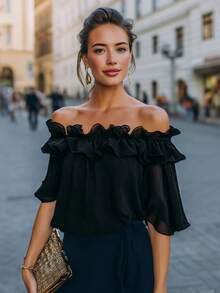 2026 New Off-Shoulder Top, Navy Blue Shirt, Ruffle Top, Double Layer Ruffle, Dark Blue Solid Color, Midnight Blue, Plus Size Friendly Black Summer - Black - View 4