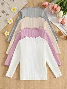4pcs Set Young Girls Ruched Crew Neck Warm Ribbed Knit Casual T-Shirts Autumn Clothing: Four Colors With Buttons, Soft Fabric, Suitable For Daily Wear And Layering, Perfect For Casual Outings - Multicolor - View 2