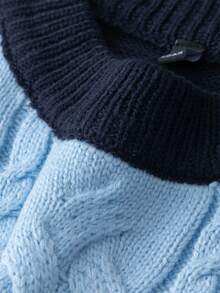 Men's Colorblock Chunky Knit Crew Neck Pocket Bear Embroidered Loose Casual Pullover Sweater - Navy Blue - View 6
