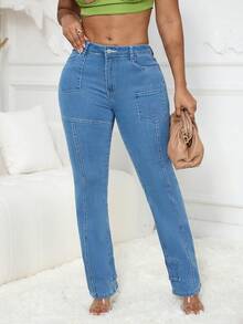 Women's Slims Classic Straight Leg Jean,Multi-Pocket Design,Zipper Fly Closure Utility Jeans - Light Wash - View 5