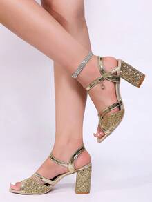 1 Pair Teen Gold Glitter Cross Strap Buckle High Heel Sandals With Rhinestone Pendant, Suitable For Evening Party - Gold - View 5