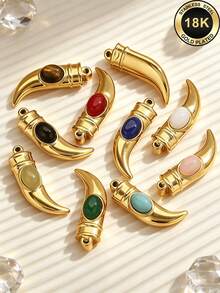 1Pc/3Pcs Gold Plated Stainless Steel Horn Pendant With Natural Stone, Vintage Boho Style, Tarnish Resistant For DIY Jewelry Making Findings - Pendants - View 1