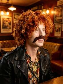 70s Disco Afro Wig Set With Matching Brown Mustache Gold Chain Accessory Retro Synthetic Hair For Hippie Halloween Party Men Vintage Costume Kit - Multicolor - View 1