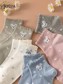 5 Pairs Frill Trim Rabbit Heart Short Socks For Women, Japanese Soft Girl Cute Casual Women's Socks, Versatile Preppy Style Ladies Socks - Multicolor - View 7