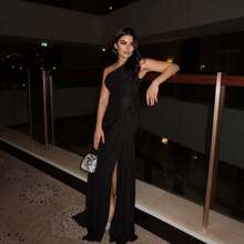 Spring And Autumn Women's Folded Ribbon Sparkling Evening DressLoose And Comfortable - Black - View 2