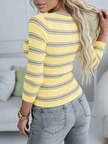 ChicMe Sweater Pullover Wanita Lengan Panjang Model Slim Fit Rajut Bergaris dengan Kancing Emas, Gaya Kasual Sehari-hari. - Kuning - View 3