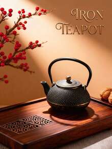 A Japanese-Style Cast Iron Teapot, Suitable For Brewing Tea Over A Fireplace, Perfect For Home Use As A Tea Set. It Features An Open Flame And A Handle, And Comes In Various Textured Designs. Sizes Range From 780-1200ml. - Gold-dot Hammered Iron Kettle (780ml) - View 8