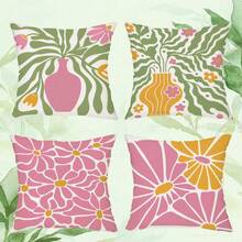 shangxia 4PCS-Ins Macaron Pink & Green Abstract Floral Print Pillow Covers, Minimalist Hand-Painted Vase & Daisy Color-Block Cushion Covers, Fresh Girl Pastoral Atmosphere Soft Decor Essential - (Pillow Insert Not Included) - (Printed) - (No Embroidery) - Multicolor - View 13