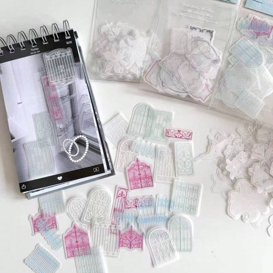 Selbstklebendes Pergament-Scrapbooking-Materialpaket, enthält Blumen- und Schmiedeeisen-Stil-Ränder, für Collage-Dekoration - A - Übersicht 1