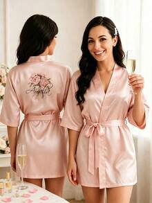 1pc Customized Women's Satin Bridal Robe, Short Sleeve Design, Customizable Text, Suitable For Bride And Bridesmaids, Personalized Satin Robe, Customized Bridal Robe, Bridesmaid Preparation Robe, Wedding Party Robe, Lace Trim Robe, Customized Name Robe, Bridal Robe Gift, Bridal Party Gift, Silky Loungewear, Simple, Fun, Customized, Unique, Matching Bridesmaid Robe Silky Loungewear, Special Bridal Gift, Best Friend, Girlfriend, Fashionable Autumn - Multicolor - View 3