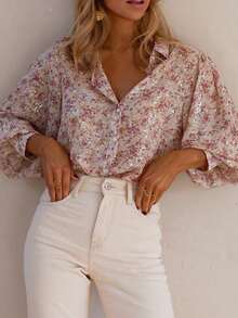 Women's Printed Long Sleeve Button Front Polyester Blouse, With Collar And Bishop Sleeves, Regular Length, Semi-Sheer Shirt Vacation Pink Spring - Pink - View 7