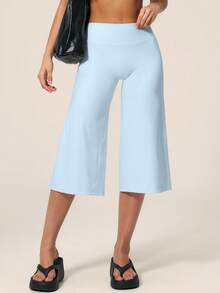 TimeOff Women's 1pc Solid Color Tummy Control Wide Leg Mid-Length Sports Pants - Baby Blue - View 9