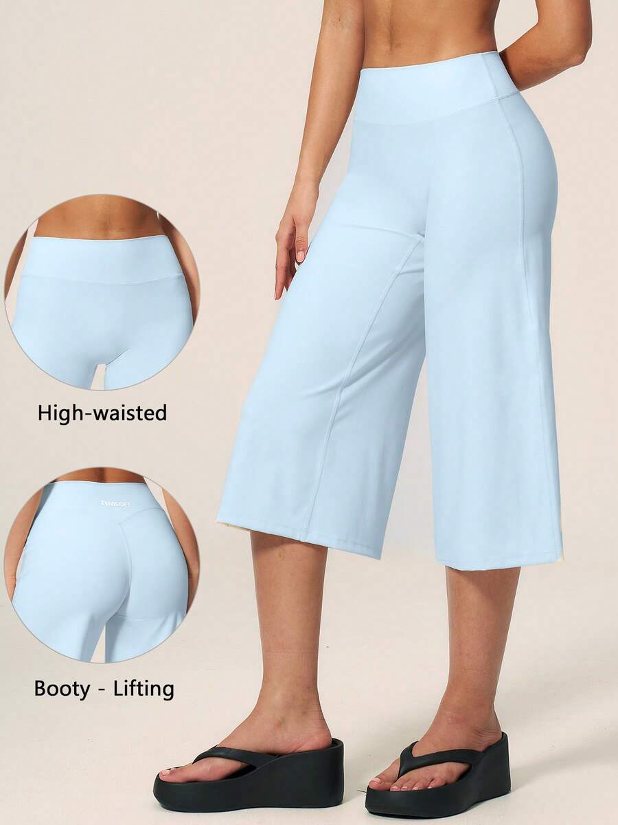 TimeOff Women's 1pc Solid Color Tummy Control Wide Leg Mid-Length Sports Pants - Baby Blue - View 1
