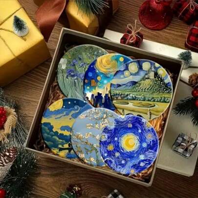 6pcs Van Gogh Art Wooden Coaster Set, Heat-Resistant Coasters, Anti-Burn Table Mats, Plate Coasters, Drink Coasters, Non-Slip Table Mats Size 10*10cm/3.94*3.94in, Best Choice For Christmas, Perfect Gift For Thanksgiving, 1 Set Of 6pcs