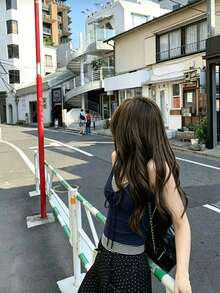 性感設計細肩帶女款修身顯身材條紋拼接短版 2 合 1 上衣 夏季服飾 - 藏青色 - 查看 5