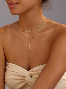 1pc Women's Exquisite Lip-Shaped Long Necklace, 14K Gold Plated Y-Shaped Choker Necklace, Minimalist Layered Jewelry, Gift For Women - Gold - View 2