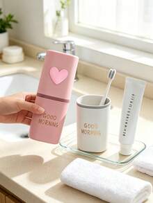 Customizable Name Text 3D Heart Travel Toothbrush And Toothpaste Storage Box, Pink 3D Heart Print Portable Toothbrush Storage Tube, Compact All-In-One Dust-Proof Cup With Lid, Suitable For Commuters, Students, Couples, Business Travelers, Short-Trip Travelers And Gift Customization Buyers, Short-Term Business Trips, Outdoor Travel, Campus Dorm Life, Hotel Stays, Home Use For Toothbrush And Toothpaste Storage, Compact Size Takes Up Little Luggage Space - Multicolor - View 7