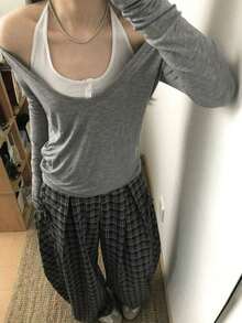 2pcs Women's Off-Shoulder Long Sleeve T-Shirts, Loose Fit, Slimming, Slouchy, Sexy Tops For Summer - Grey - View 3
