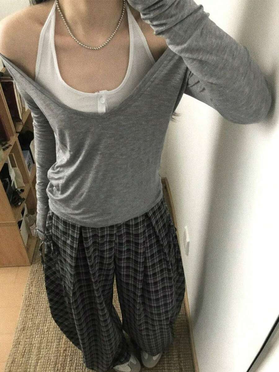 2pcs Women's Off-Shoulder Long Sleeve T-Shirts, Loose Fit, Slimming, Slouchy, Sexy Tops For Summer - Grey - View 1