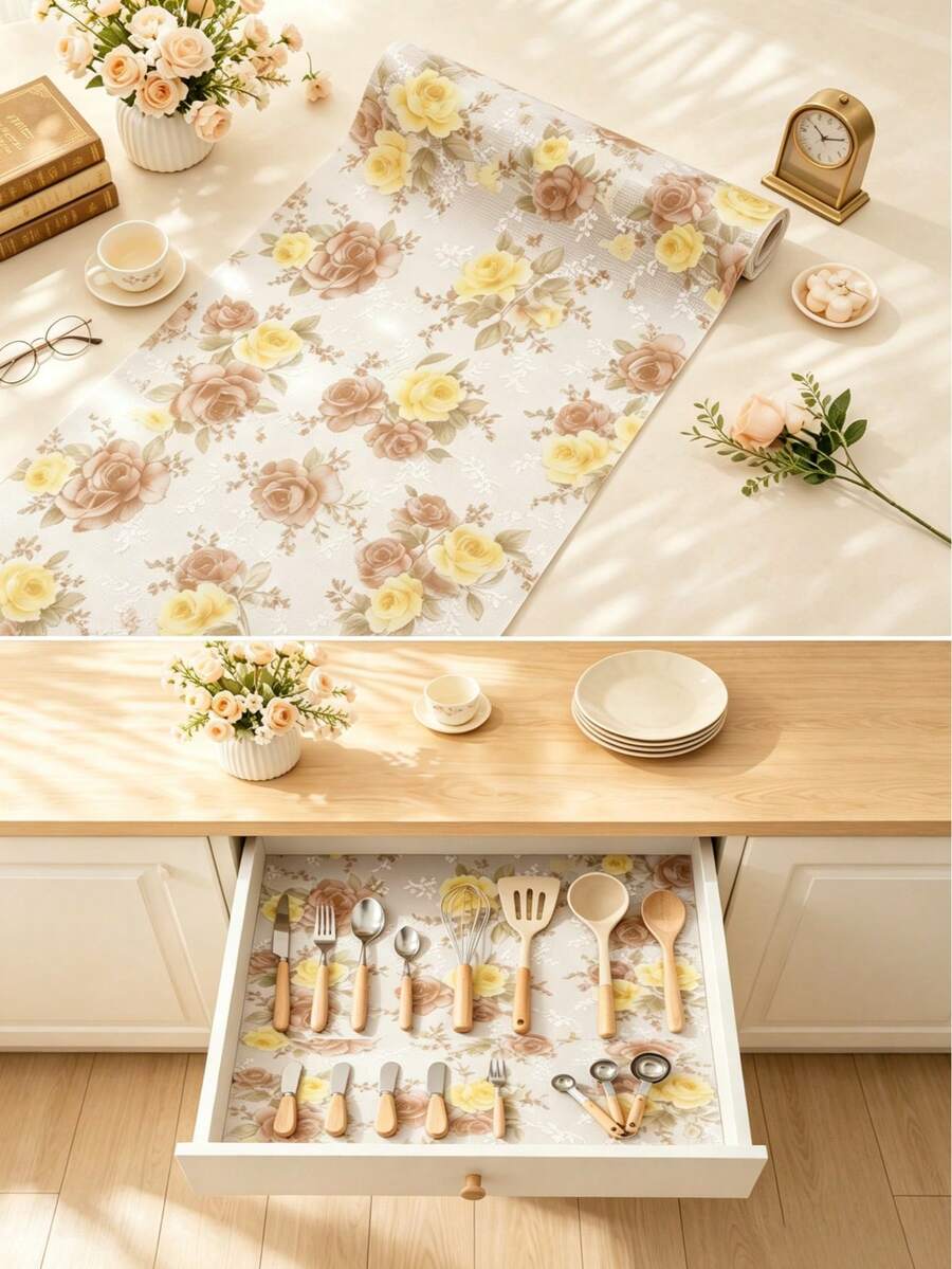 1件裝防滑櫥櫃墊層，EVA防水櫥櫃墊層，無黏性彩色花卉抽屜墊層，易裁剪櫥櫃墊層，適用於層架、冰箱、書桌、櫥櫃、廚房、儲物架